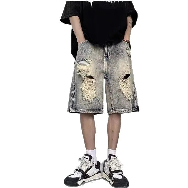 Blue retro tattered denim shorts with wide leg loose fit for women