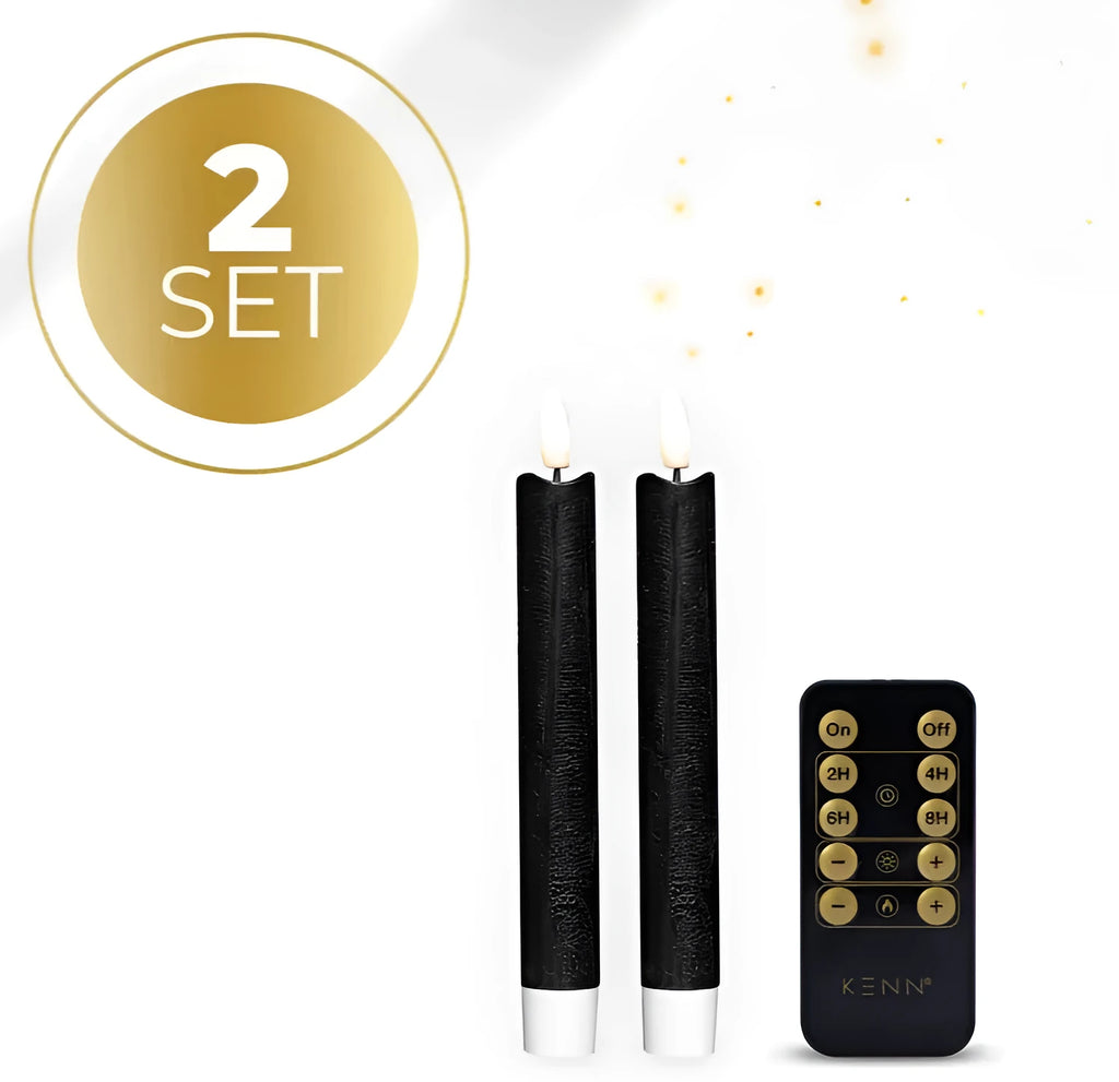 Black LED taper candle with realistic 3D flame effect, 18cm height