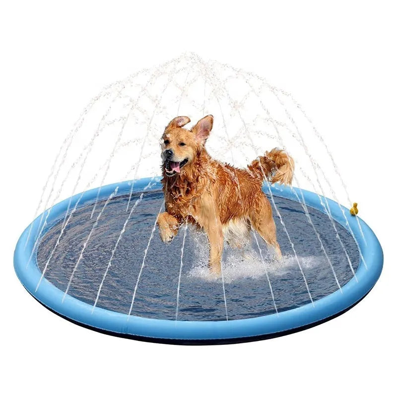 A large blue dog splash pad with a textured bottom, filled with shallow water.