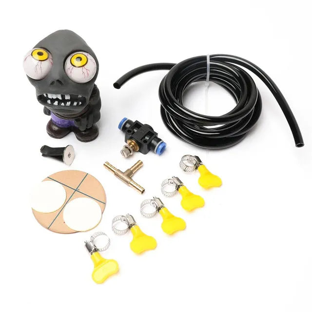Turbo car blow-off valve decoration kit with explosive eye doll, pressure valve, copper tube, and clips.