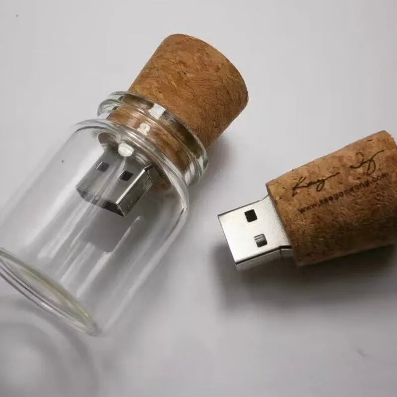 Transparent glass bottle USB flash drive with wooden cap showing 60mm length