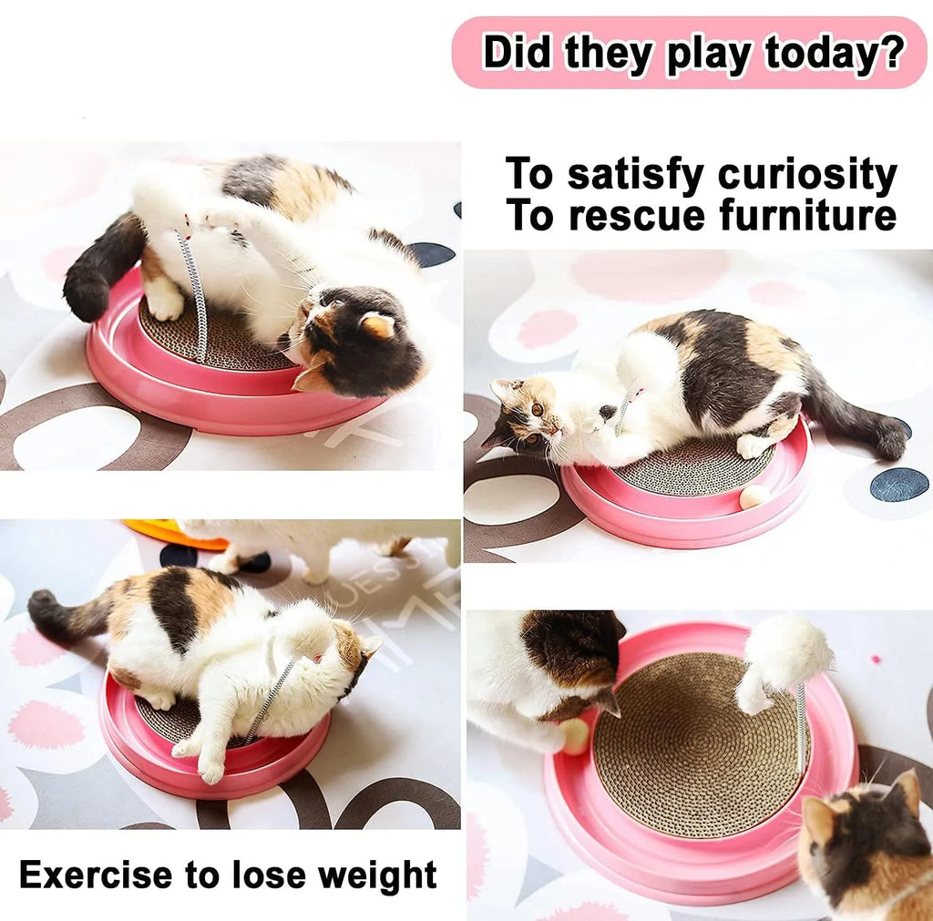 Blue cat scratching pad with circular ball track and replaceable cardboard centre for feline scratching and play