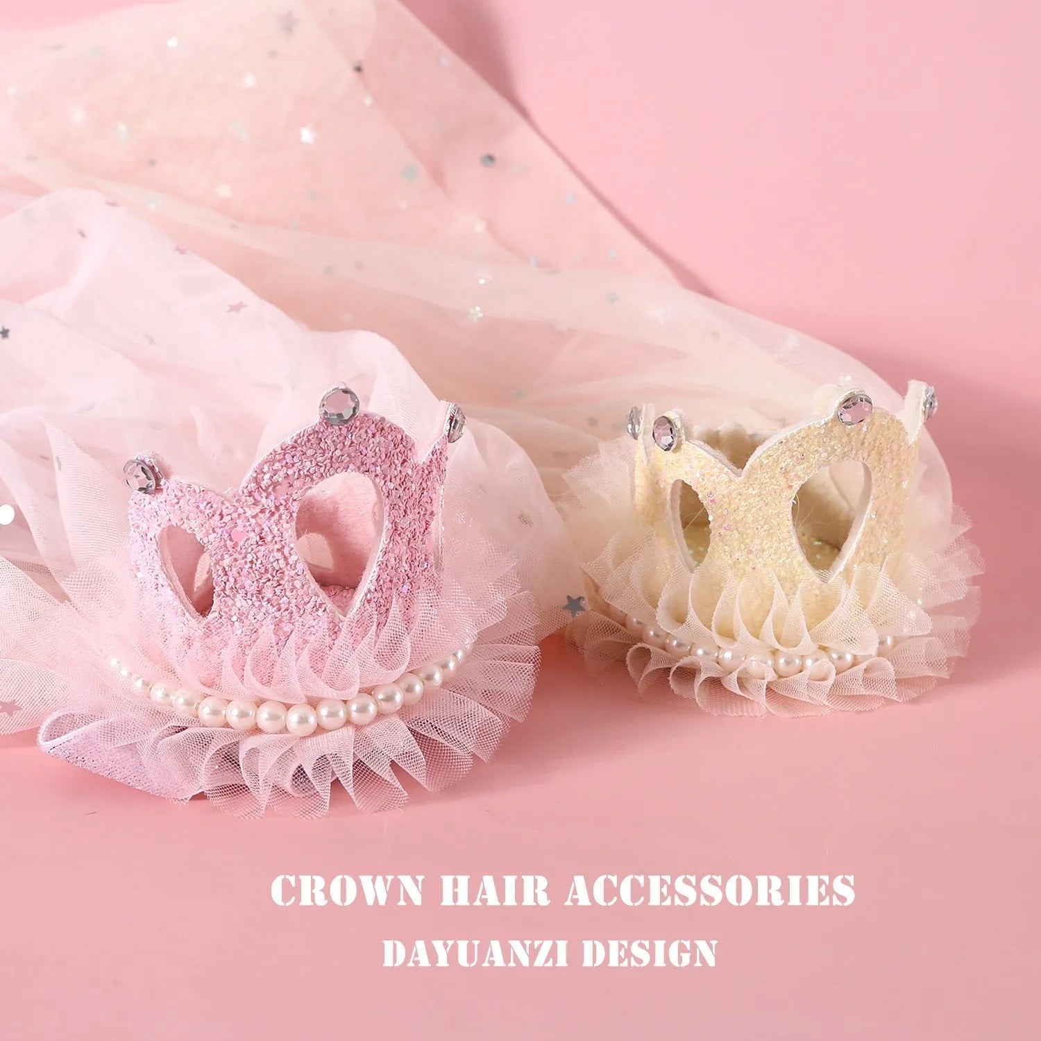 Pet princess crown headdress with cotton polyester veil in beige and pink options for cat and dog special events