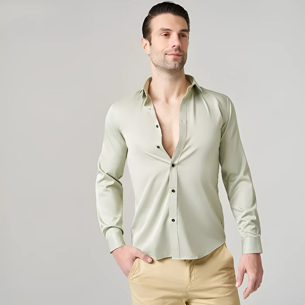 Men's stretch long sleeve work shirt in polyester fabric showing front view with size options