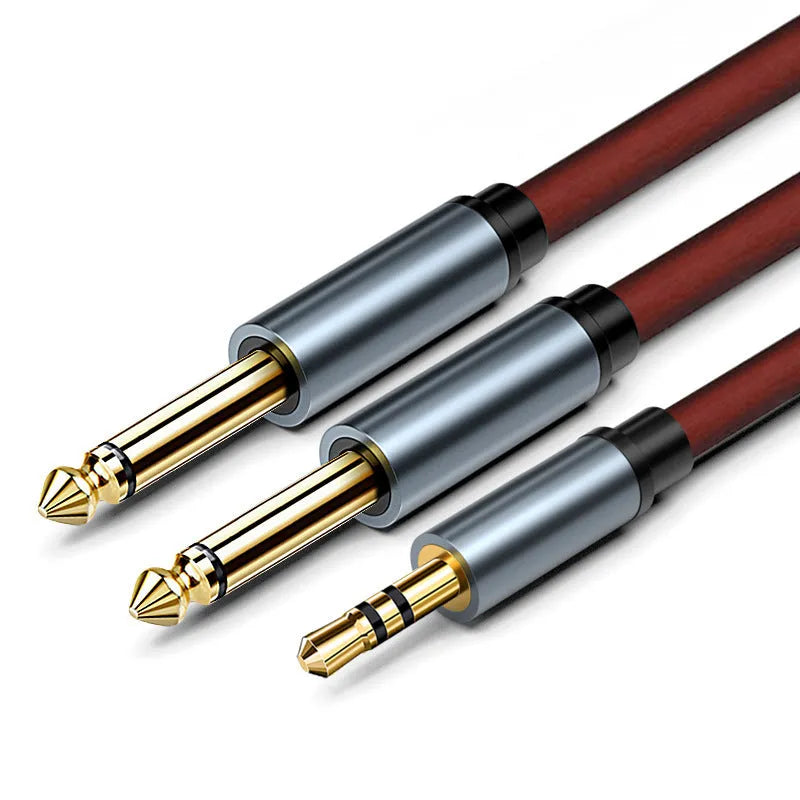 3.5mm to dual 6.5mm male audio cable with gold-plated connectors and black PVC finish