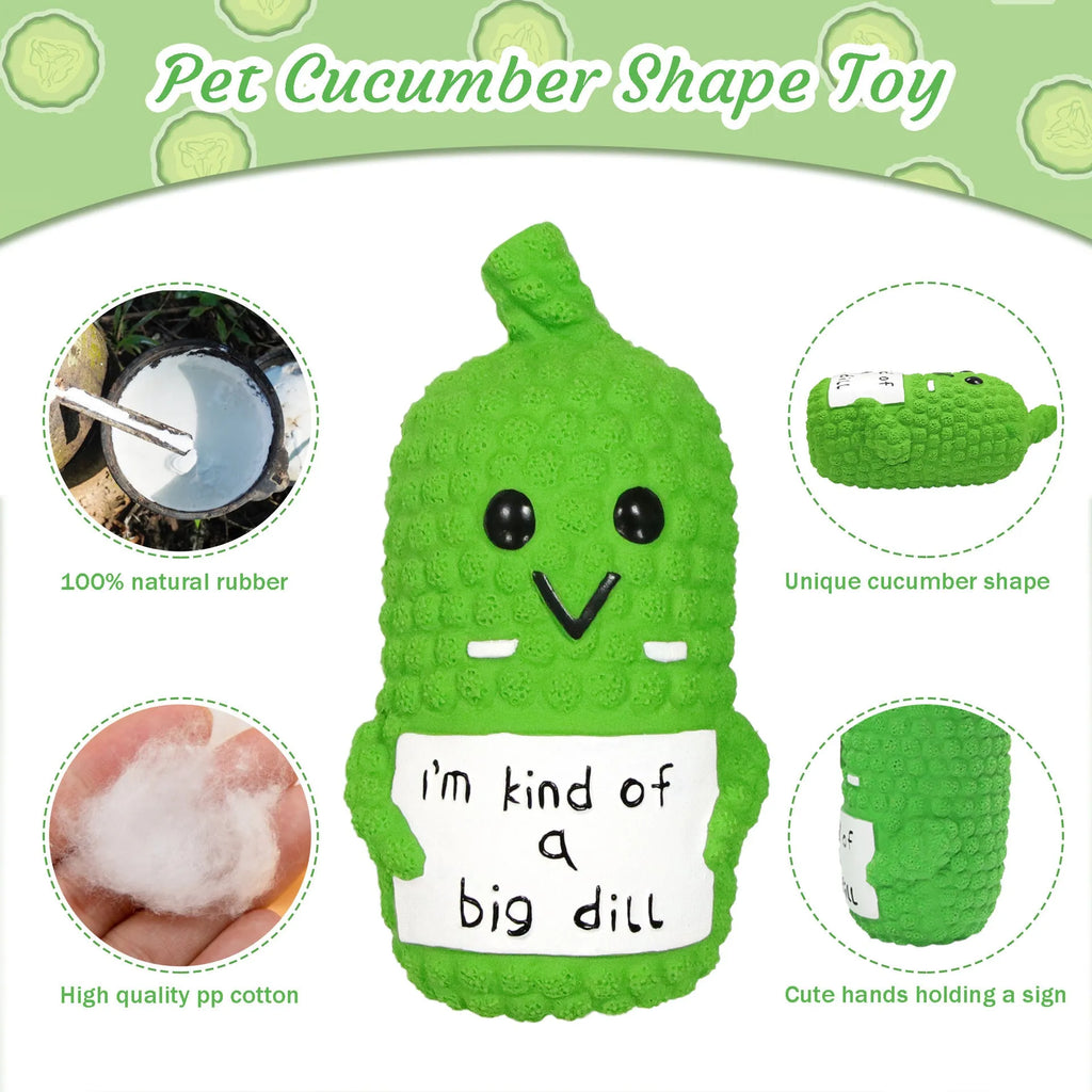 Green latex pickle-shaped dog chew toy with textured nubs and a squeaker.