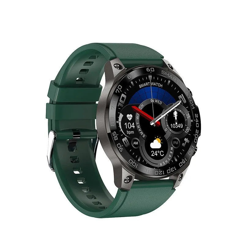 Bluetooth sports watch with round AMOLED screen and silicone strap in black colour