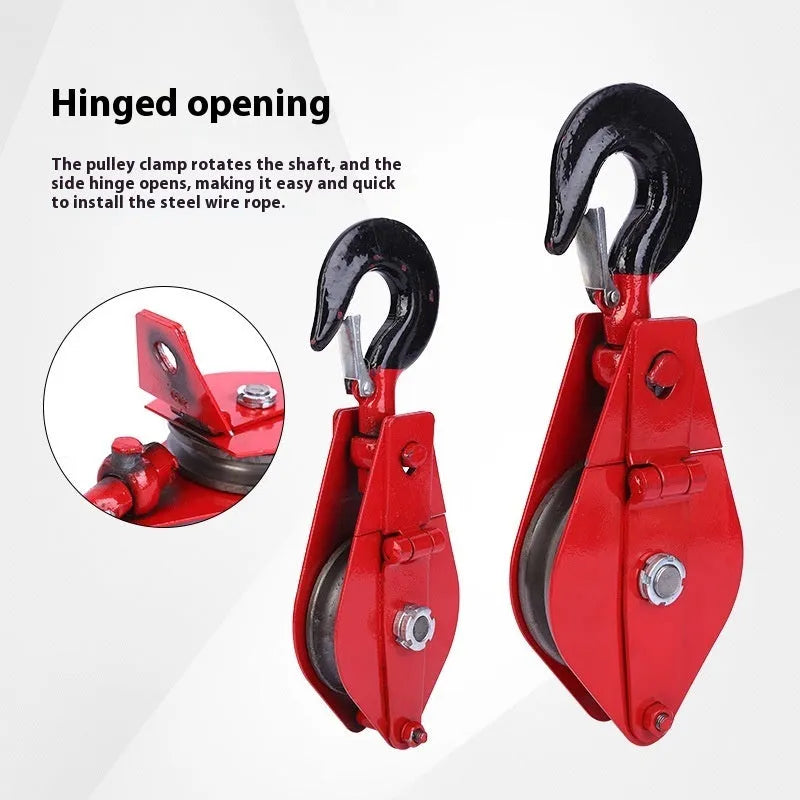 Red industrial lifting pulley with safety latch and forged steel construction