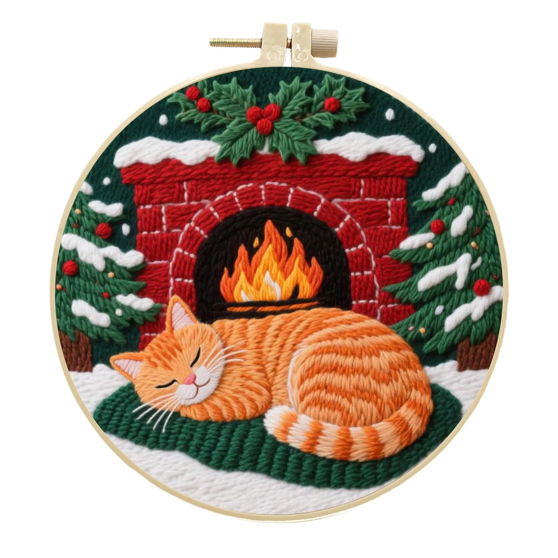 Cat embroidery DIY material package with autumn fruit designs on cotton linen fabric and 20cm bamboo frame