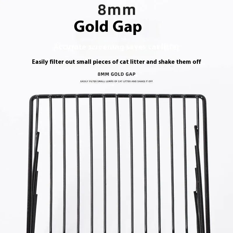 Black metal alloy cat litter scoop with long handle and 0.8cm sifting gap