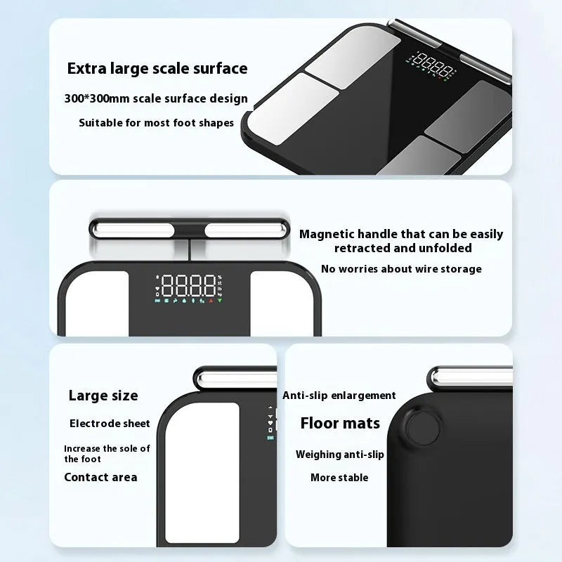 Black electronic bathroom scale with colour display on tempered glass platform for body composition analysis