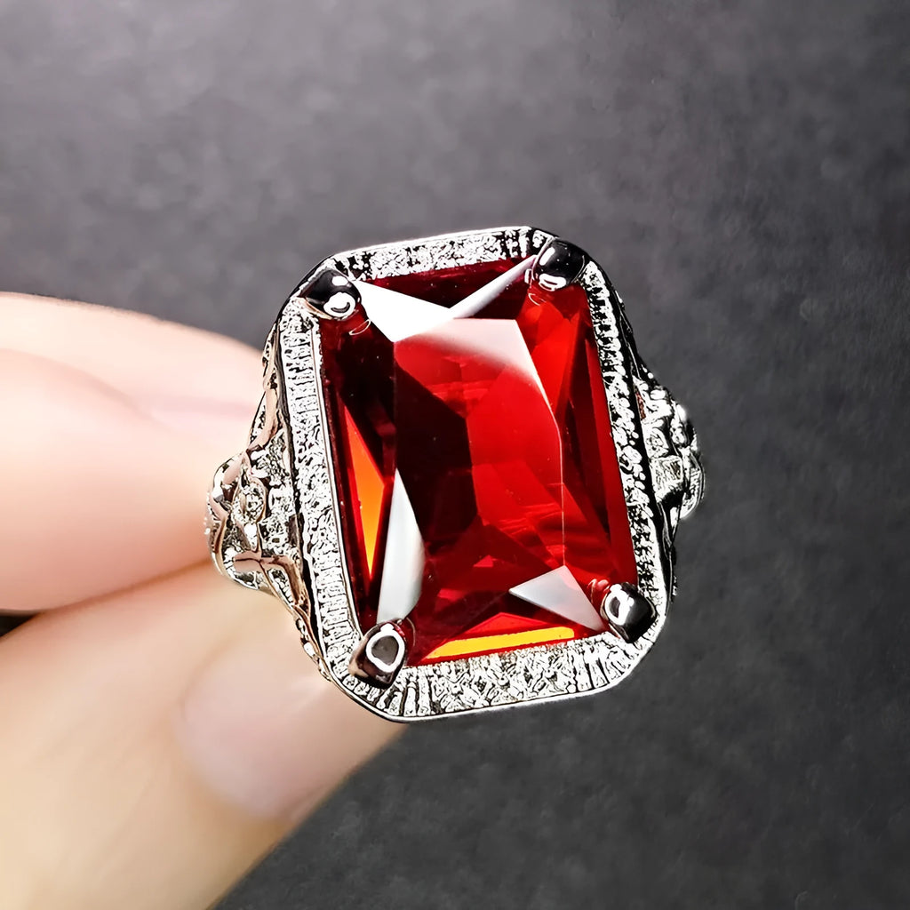 Geometric copper women's ring with pigeons-blood ruby gemstone and platinum colour electroplating