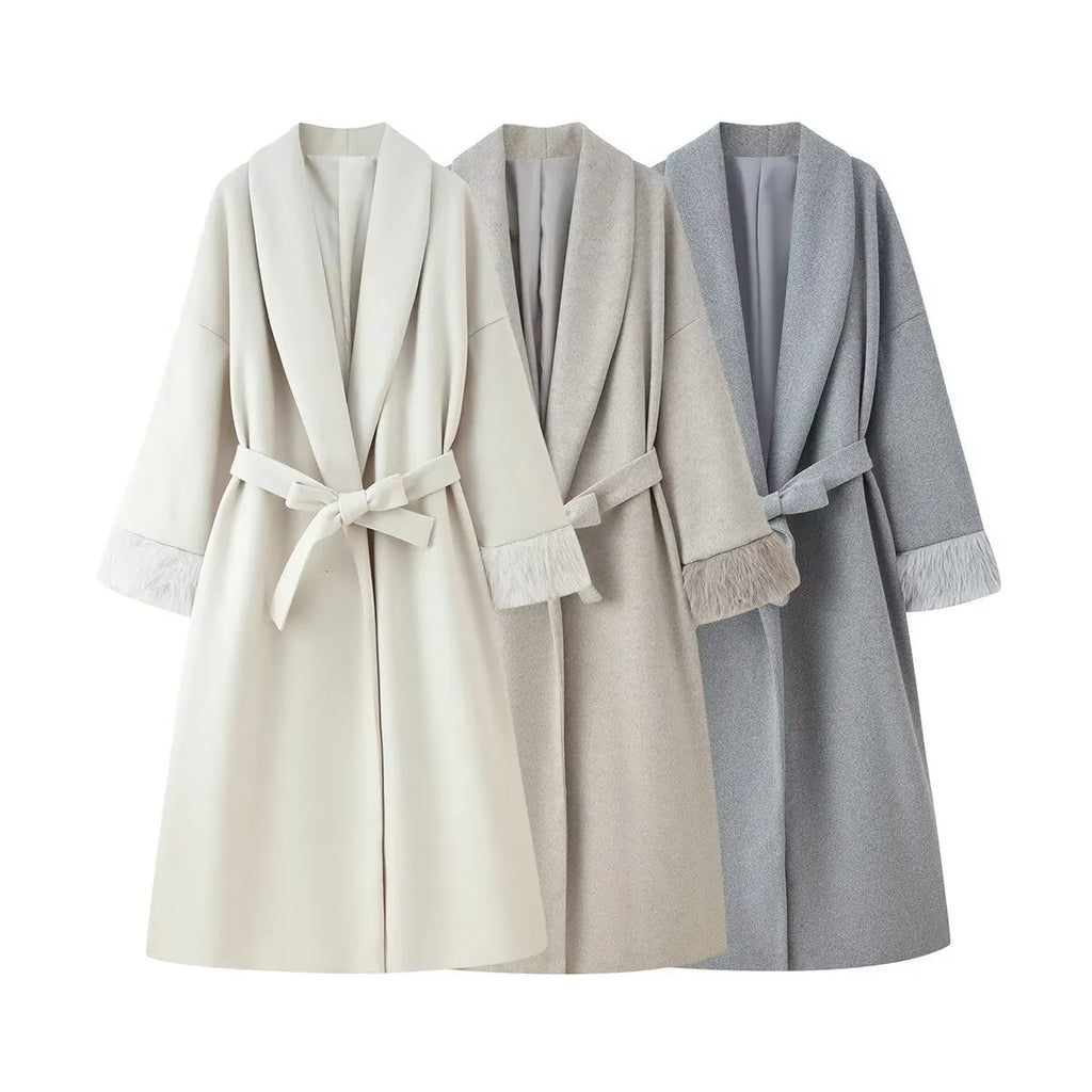 Solid colour lacing cuff woolen coat in apricot, loose fit polyester autumn winter jacket