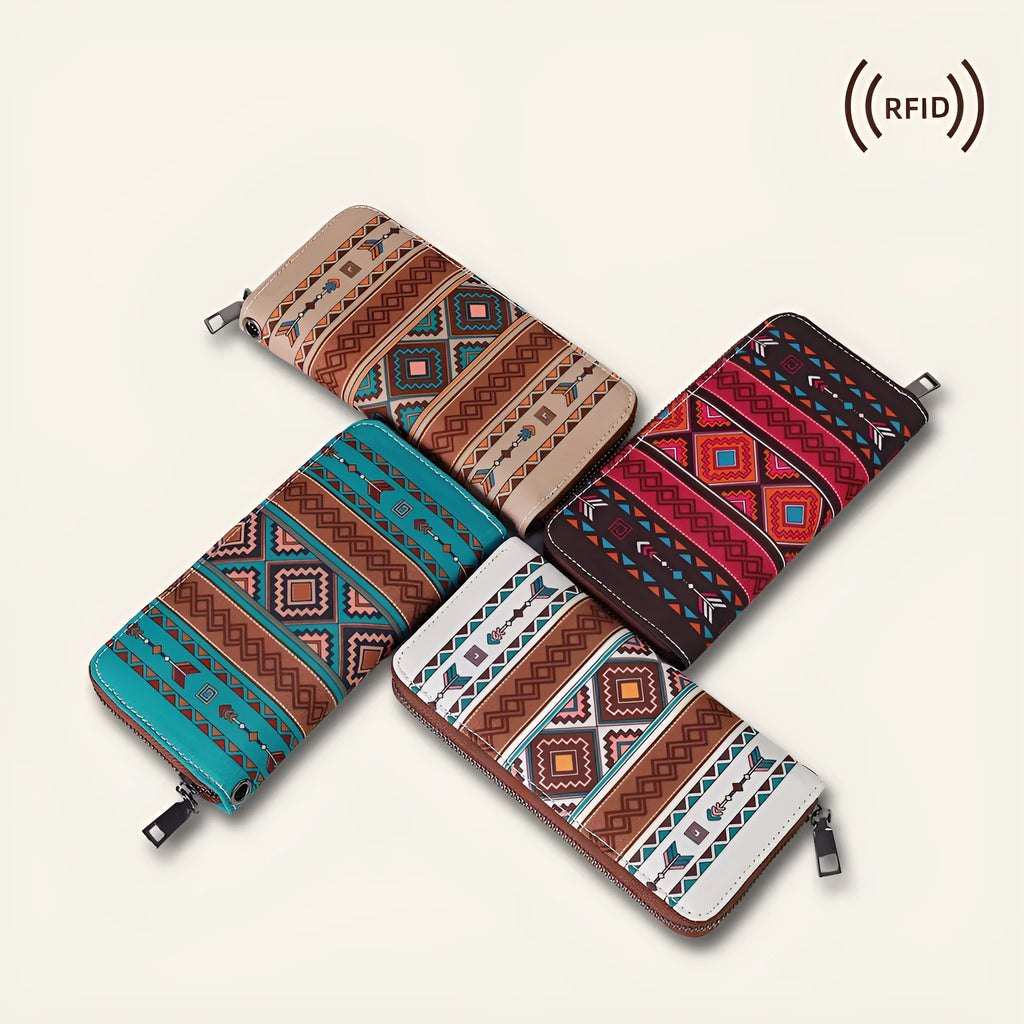 Striped canvas RFID wallet with bohemian pattern showing interior card slots