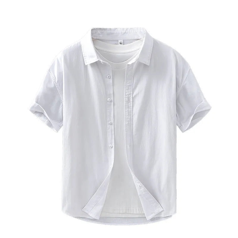 Mens summer short-sleeved cotton shirt in light gray, loose fit cardigan style