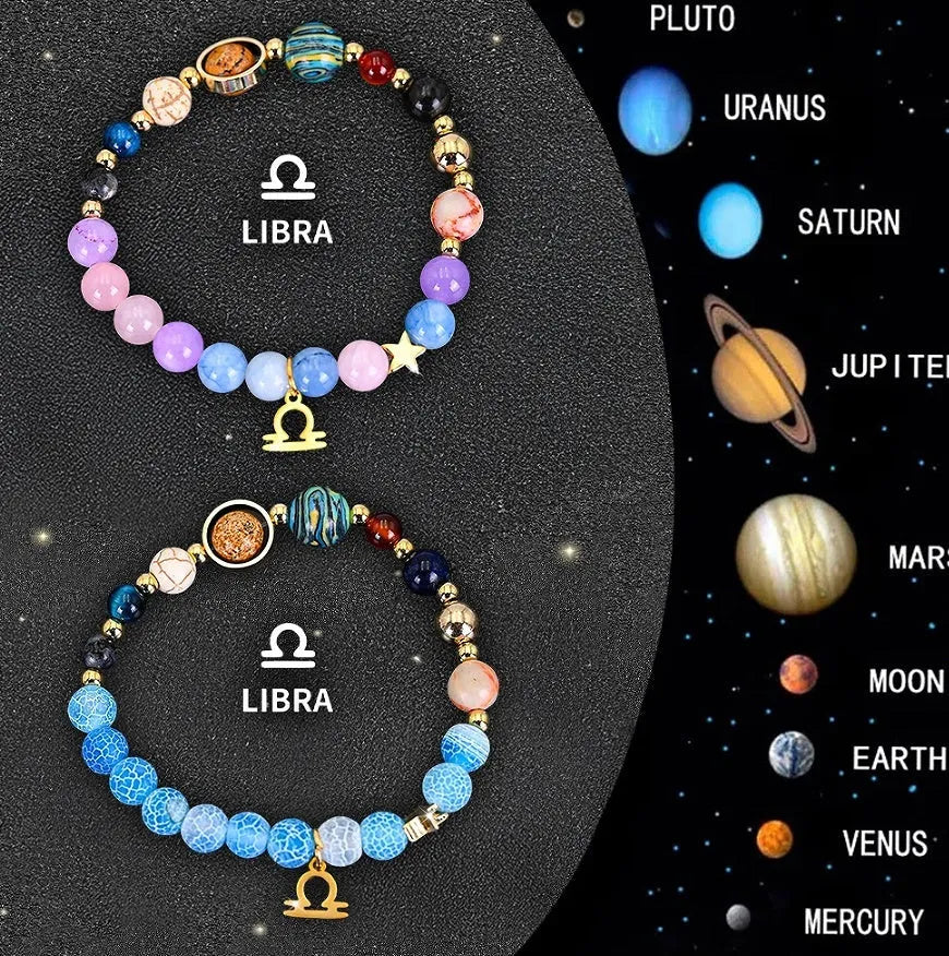 Two natural stone beaded zodiac bracelets with adjustable closures on a flat surface.
