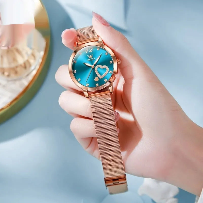 Rose shell alloy women's watch with mesh strap in six dial colour variations