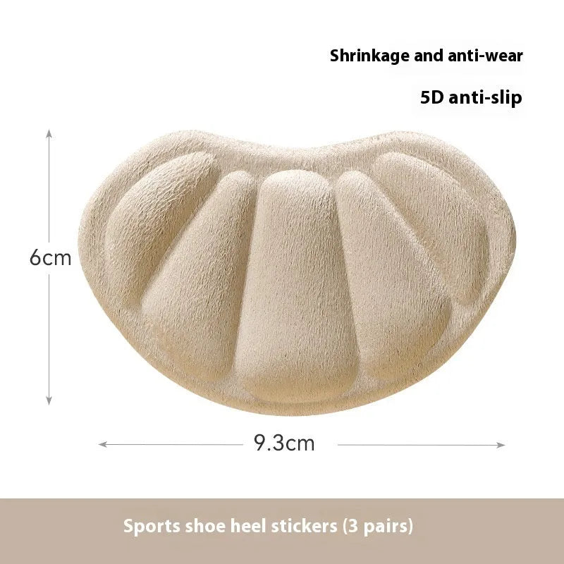 Three pairs of camel colour adhesive heel cushion pads with suede surface measuring 9.3cm by 6cm