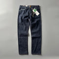 Men's primary colour straight leg jeans in American retro style laid flat, showing the mid waist and full-length leg.