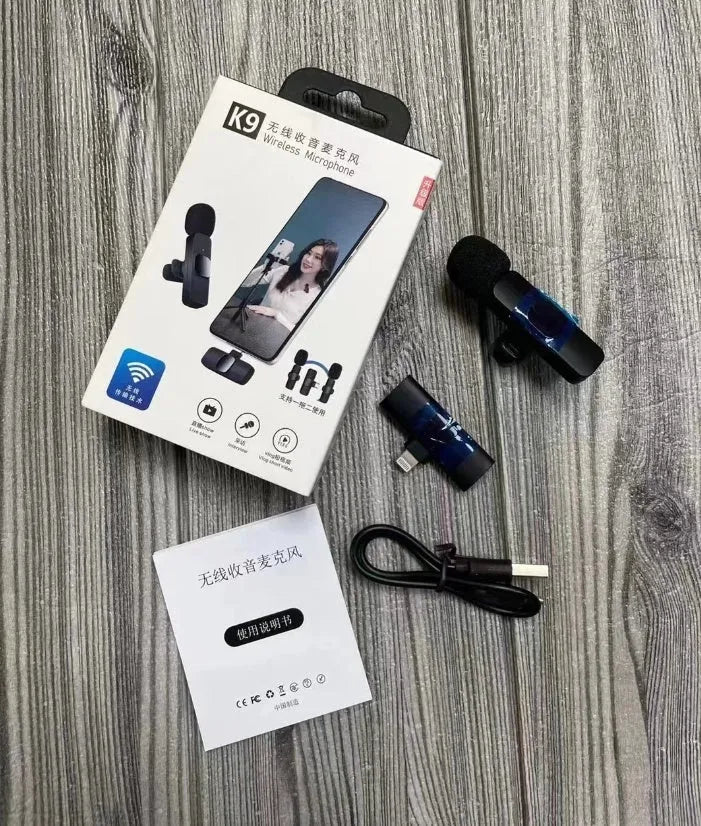 Wireless collar clip microphone for smartphones, showing clip design and available connection options.