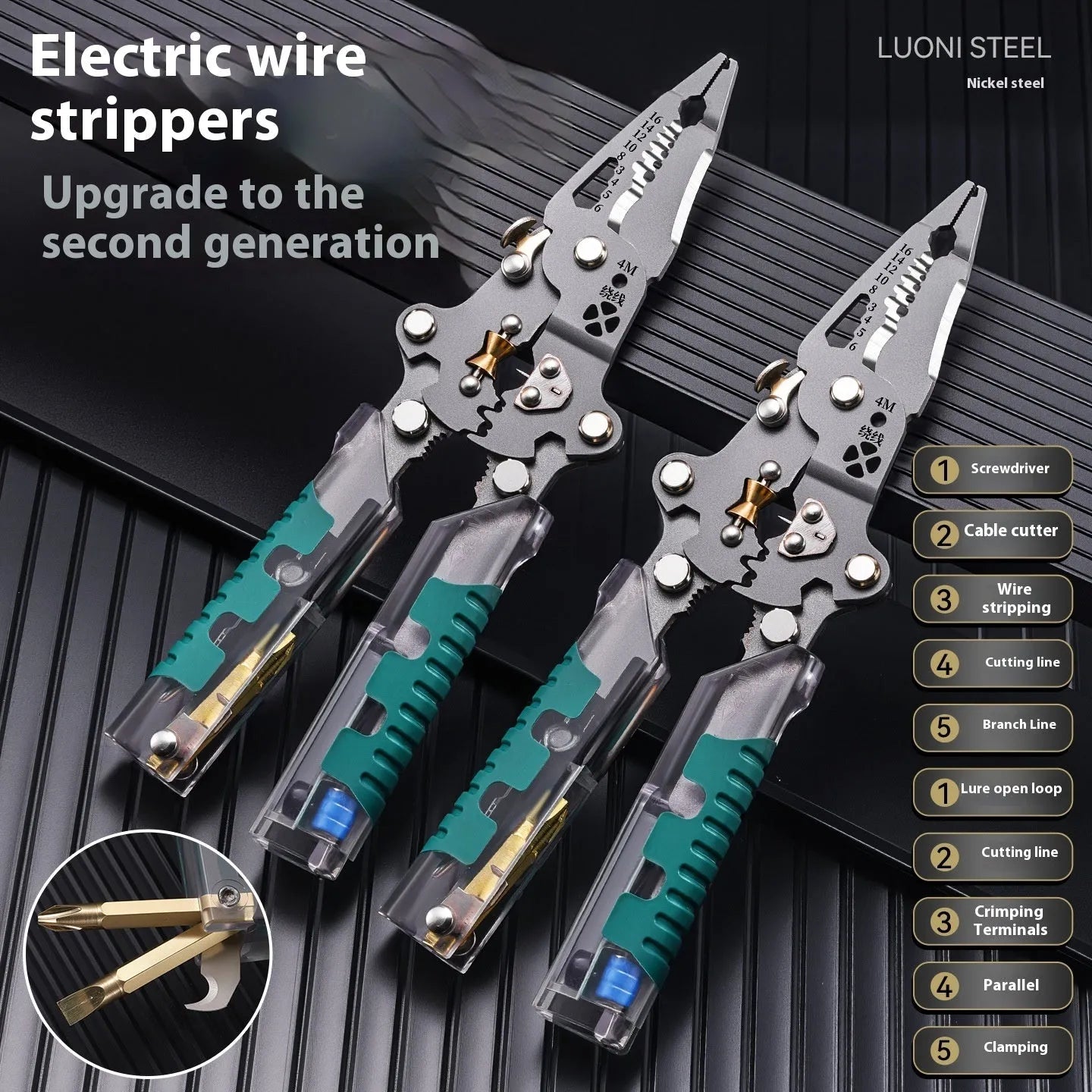 Multi-functional electric pointed pliers wire stripper with rust-resistant Luo ni steel cutting edges.