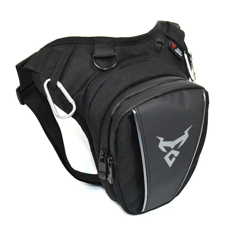 Motorcycle rider's leg bag in 1200D Oxford cloth, shown in red, blue, green, and grey colour options.
