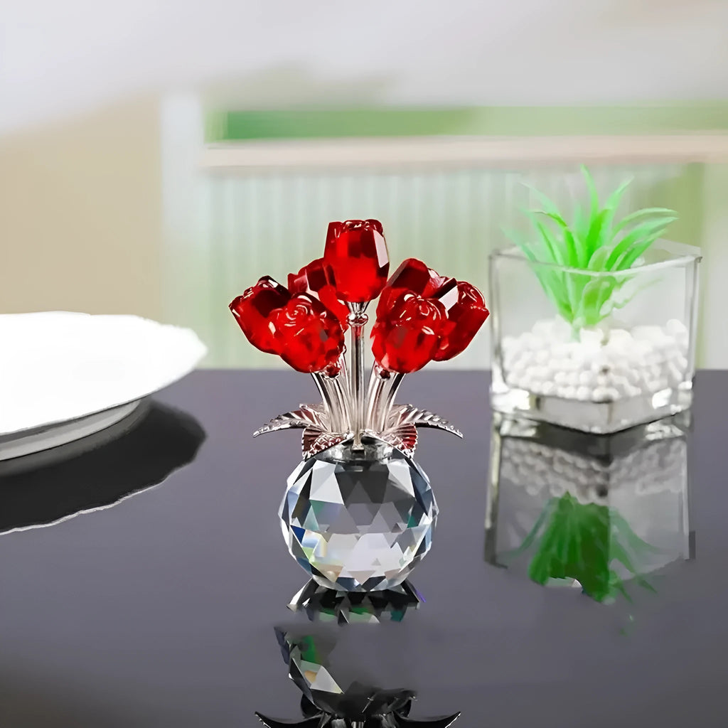 Handcrafted geometric rose ornament made from coloured K9 crystal glass on a neutral background.