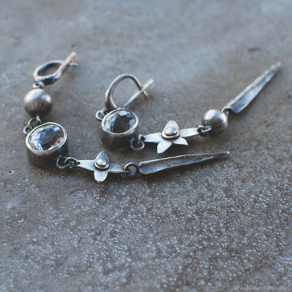 Geometric antique silver earrings with long rhinestone XINGX pendant