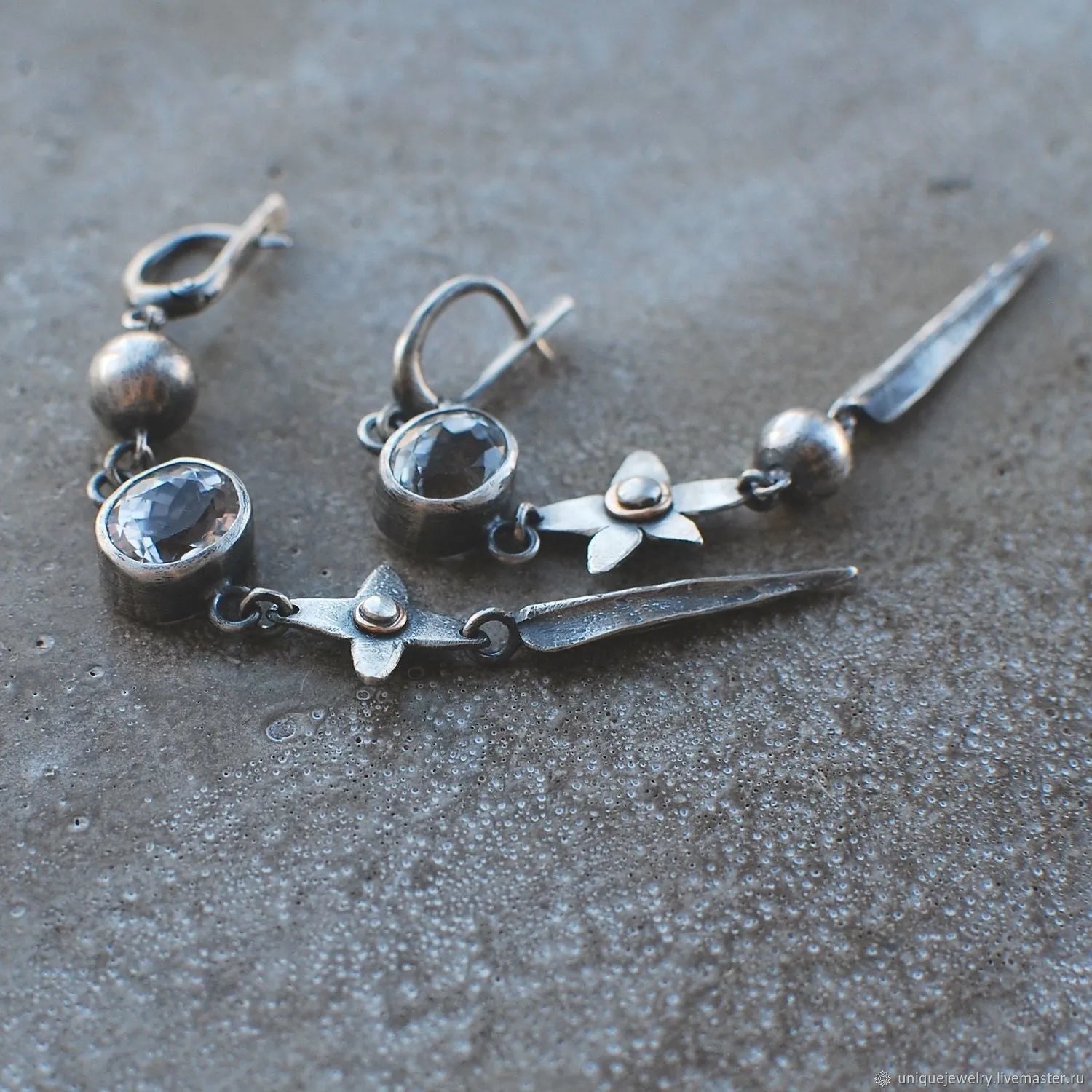 Geometric antique silver earrings with long rhinestone XINGX pendant
