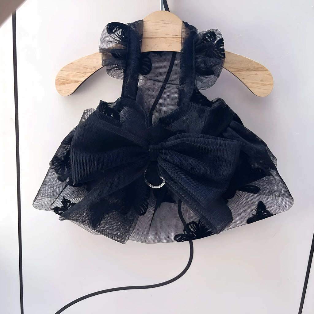 Black gauze princess tulle skirt for a small dog, showing the fitted bodice and full skirt.