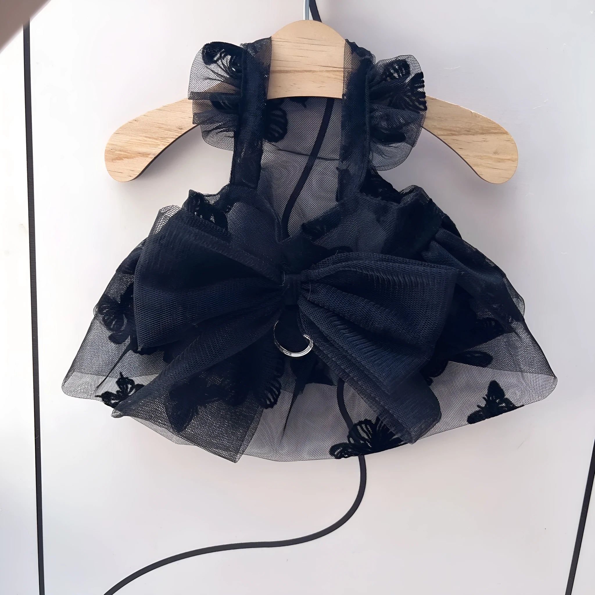 Black gauze princess tulle skirt for a small dog, showing the fitted bodice and full skirt.