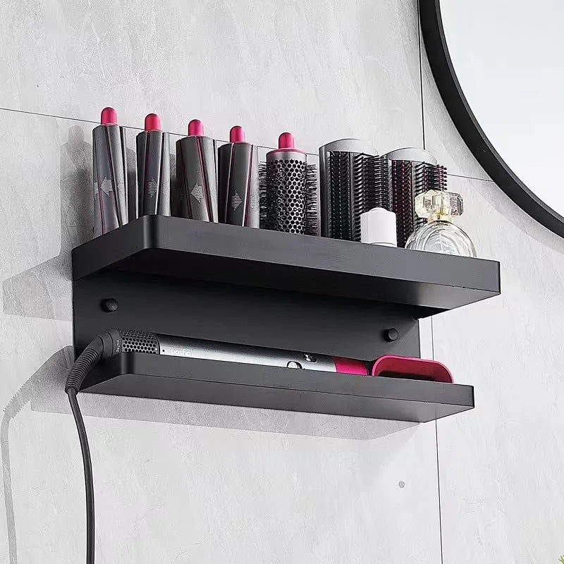 White double-layer aluminium bathroom storage rack with adhesive mounting for Marcel waver organisation