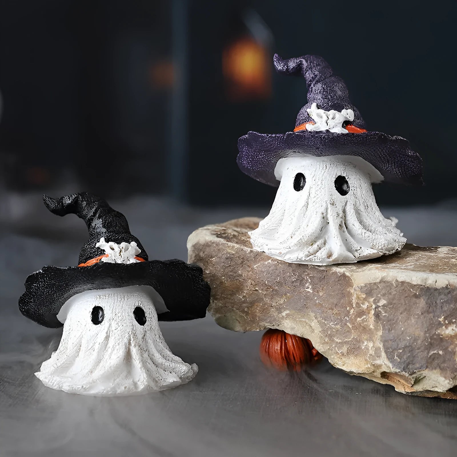 Resin wizard hat ornament in black and purple colours for Halloween and holiday decorating