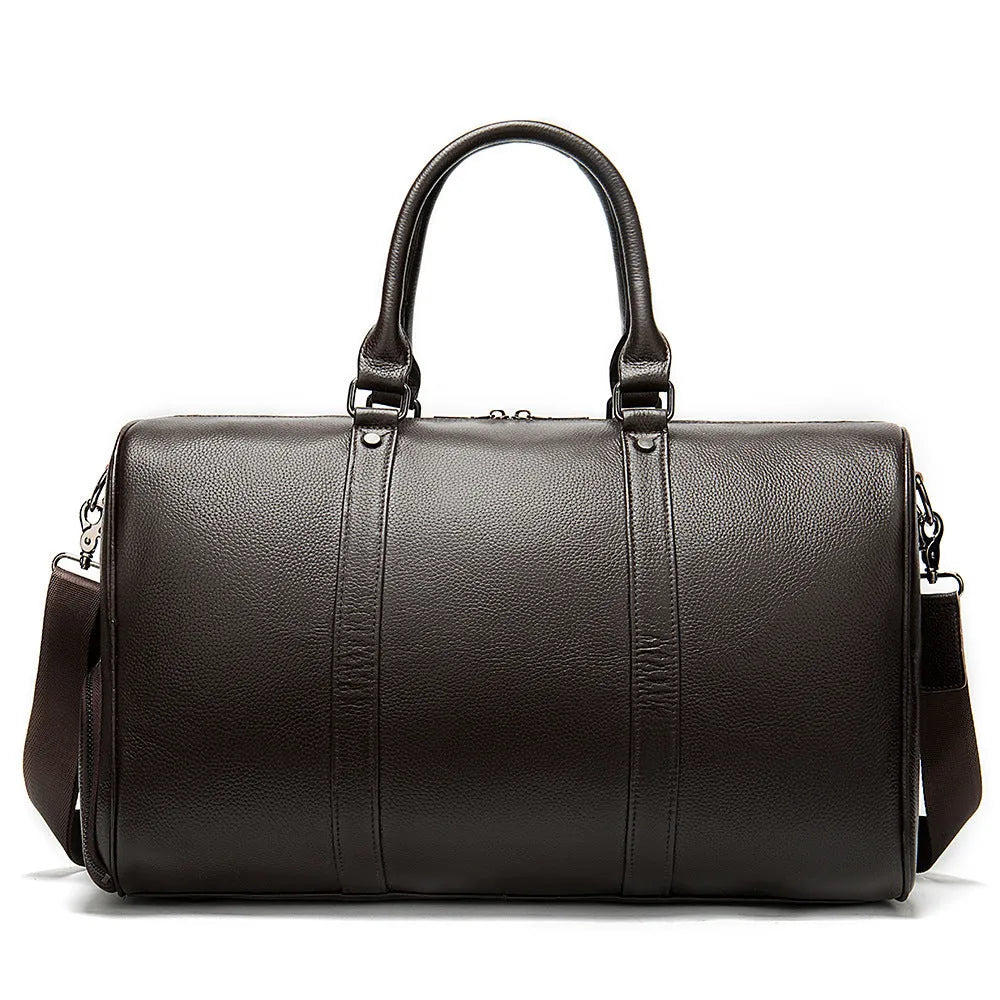 Men's black leather tote bag with single strap showing top-layer cowhide texture and generous capacity