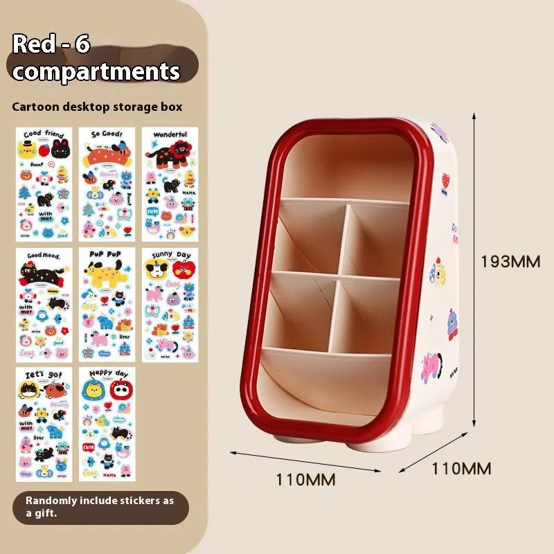 Red and brown cartoon-style plastic desktop storage organiser with grid compartments.