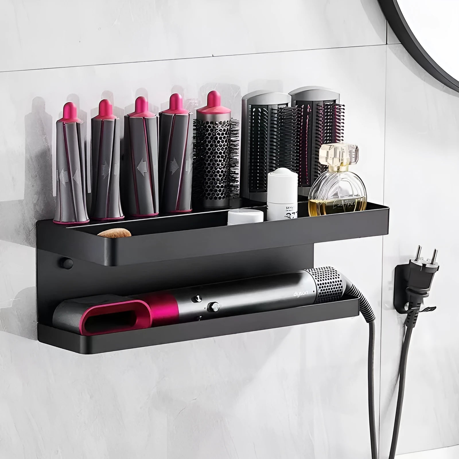 White double-layer aluminium bathroom storage rack with adhesive mounting for Marcel waver organisation