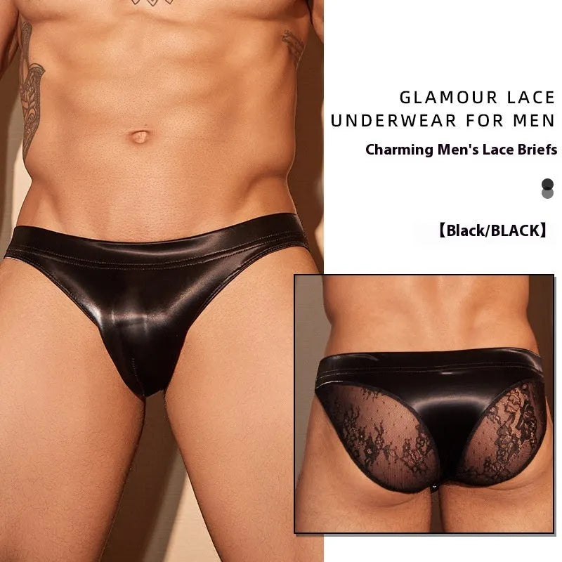Men's black and white shark skin lace briefs underwear showing texture detail