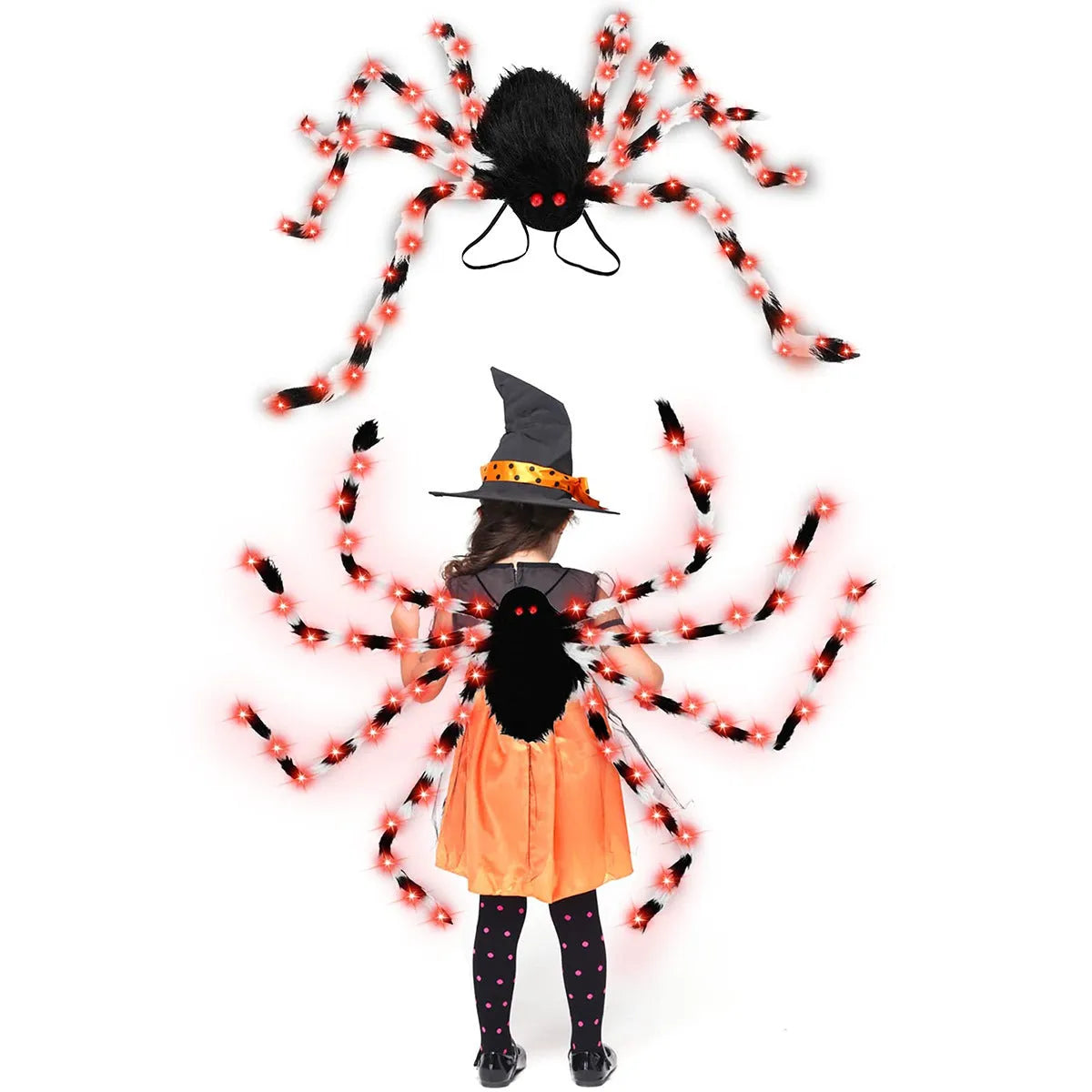 Halloween Spider Backpack with LED lights in plush sugar bag material, shown in orange and purple colour variant.