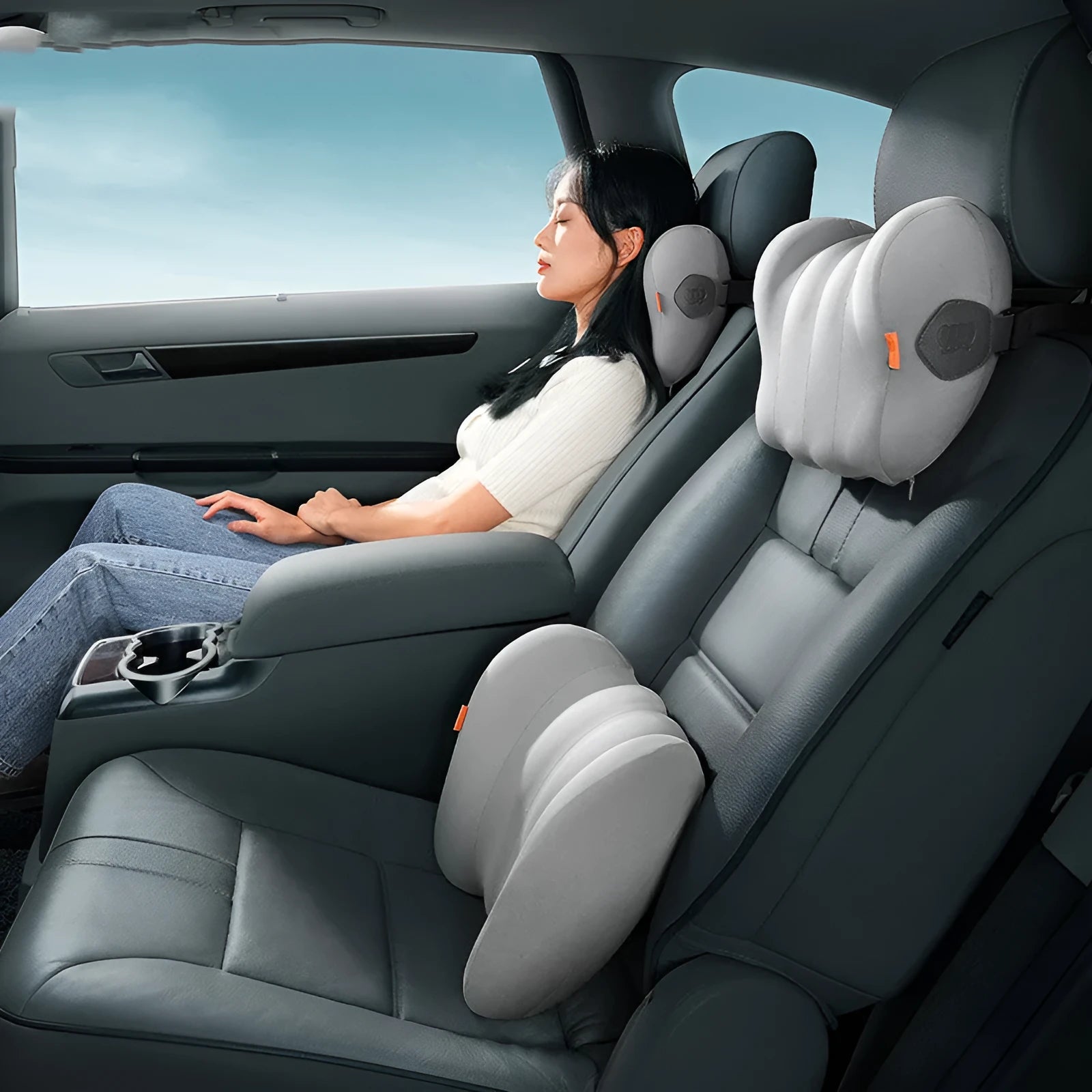 Head restraint and waist pillow set for suspension bin vehicle cab with grey polyester fabric