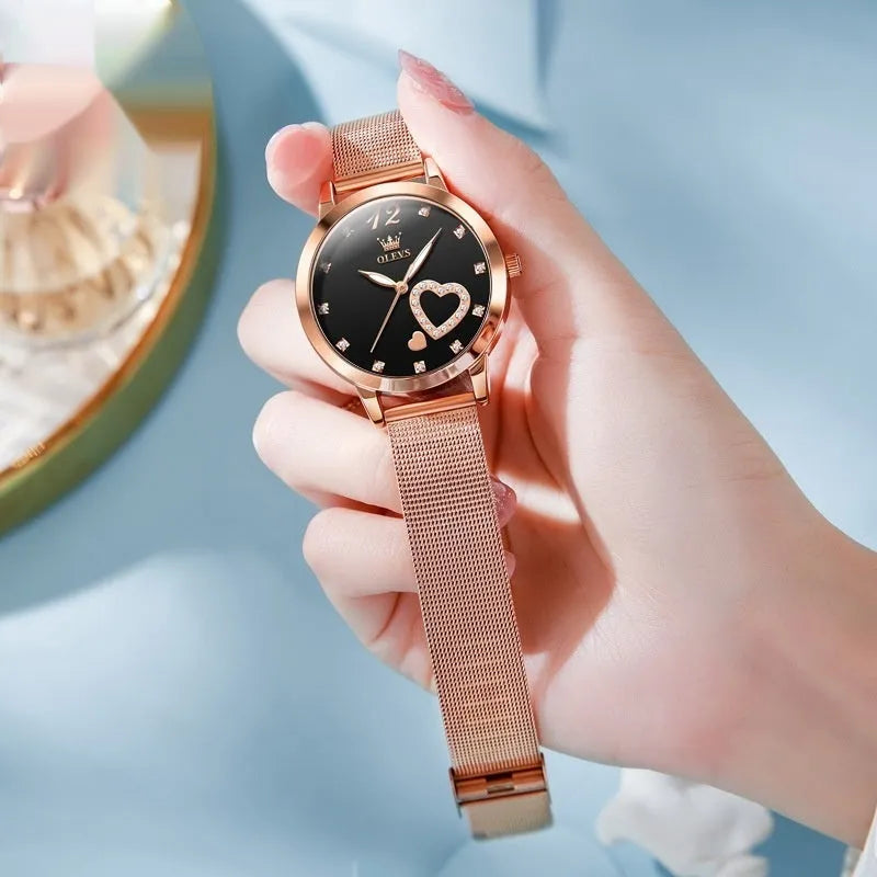 Rose shell alloy women's watch with mesh strap in six dial colour variations