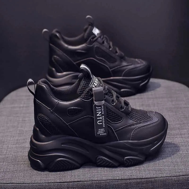 Women's black mesh platform casual shoes with hollow-out detail and a velvet-style lining.