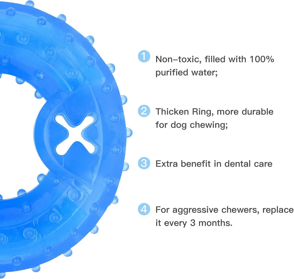 Freezable dog chew toy in bone and circle shapes for cooling and teething relief.