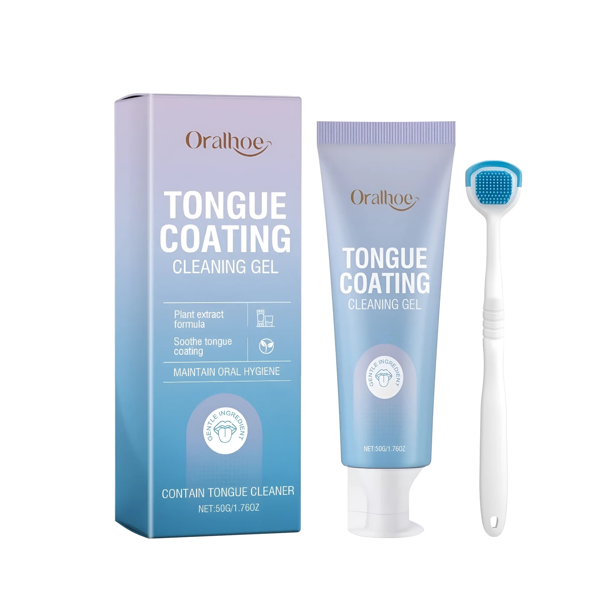 Tongue coating cleaning gel tube and brush oral hygiene set with mint extract