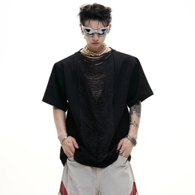 Black men's V-neck short sleeve polyester T-shirt with loose fit and tassel detailing