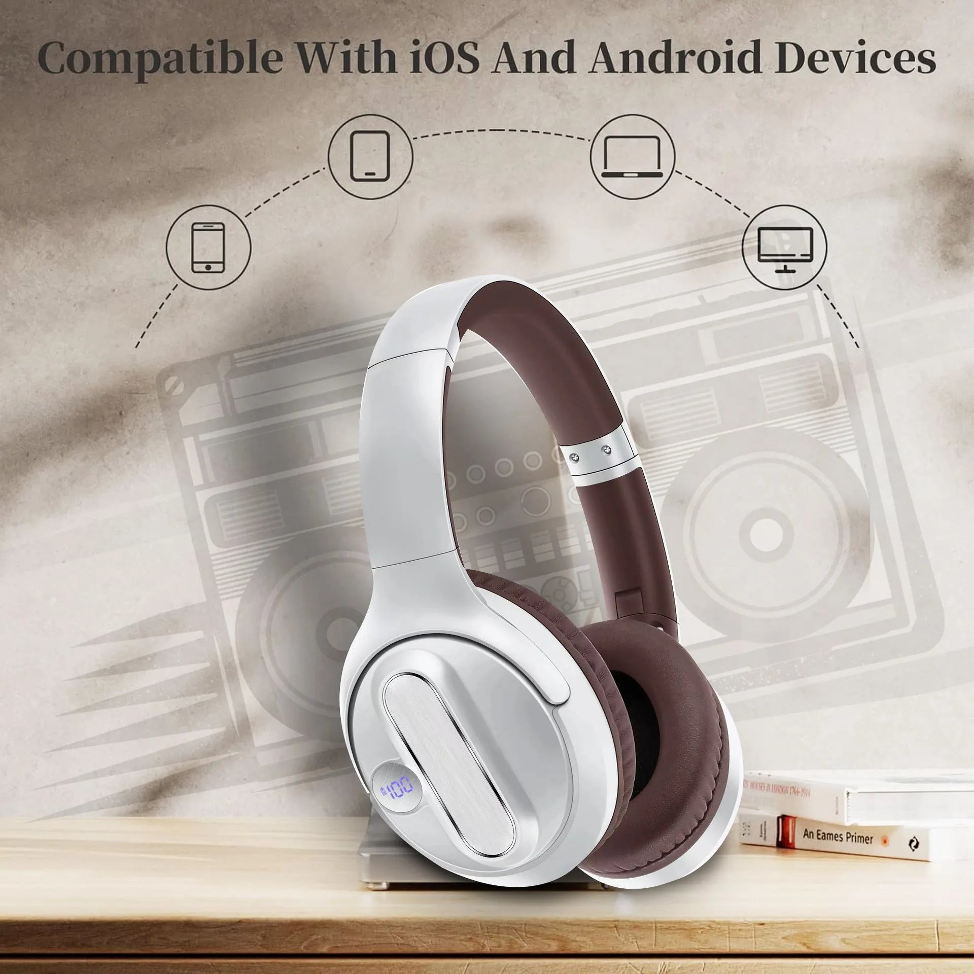 Retro wireless Bluetooth headset with digital power display in black plastic, head-mounted design