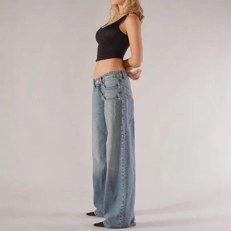 Women's cotton loose straight wide leg mop trousers in blue, light blue and dark grey colours