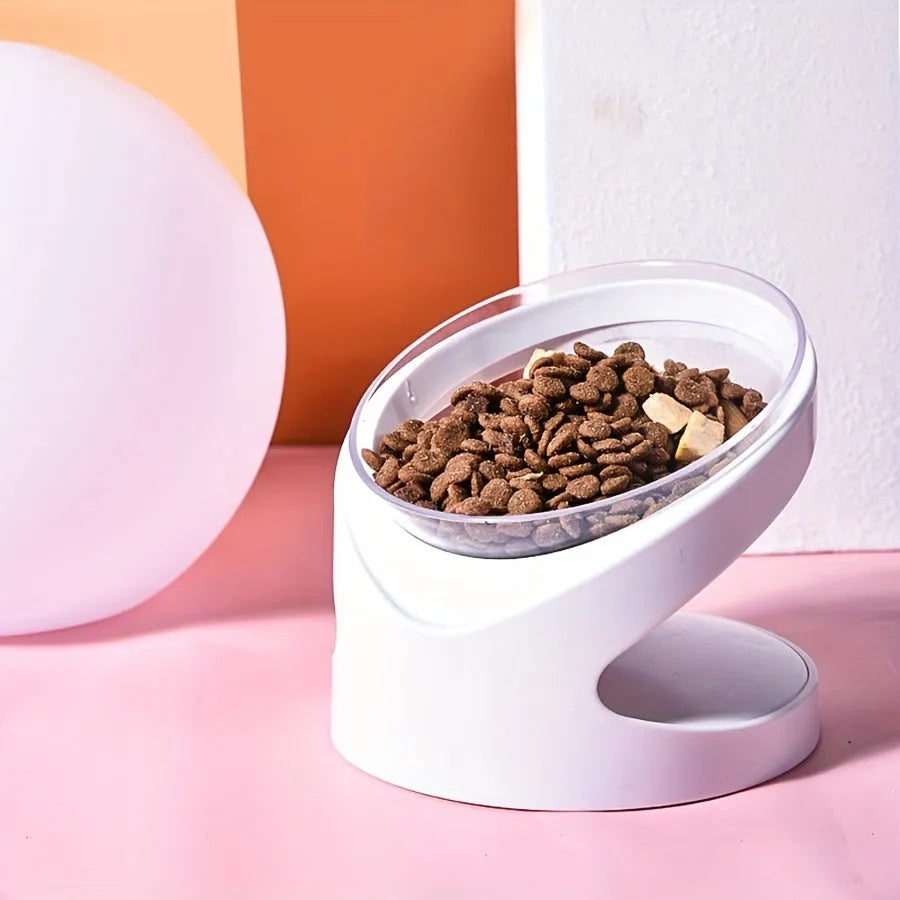 White elevated plastic cat bowl with anti-vomit tilt design