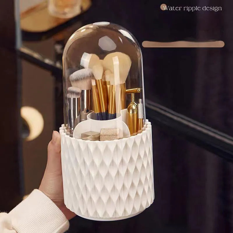 White rotating transparent acrylic makeup brush storage organiser with dustproof lid