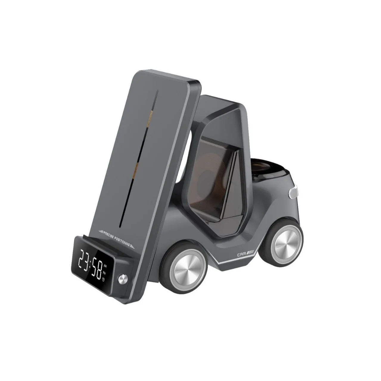 15W three-in-one wireless charging stand in grey colour showing adjustable viewing angles for devices