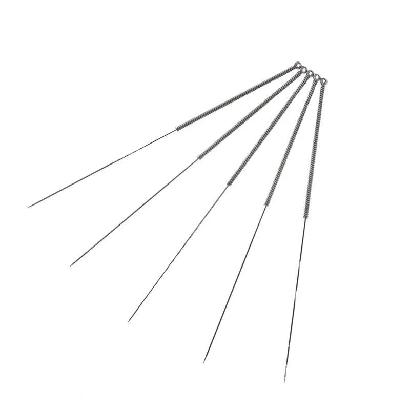 MK8 E3D 3D printer nozzle cleaning needles, ten pieces in a box, shown next to a nozzle.